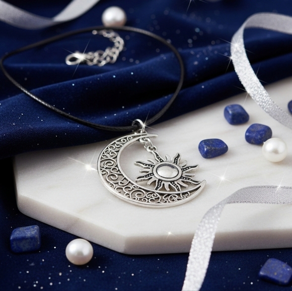 Boho Celestial Sun & Moon Silver Plated Mixed Metal Adjustable Necklace - Picture 13 of 15